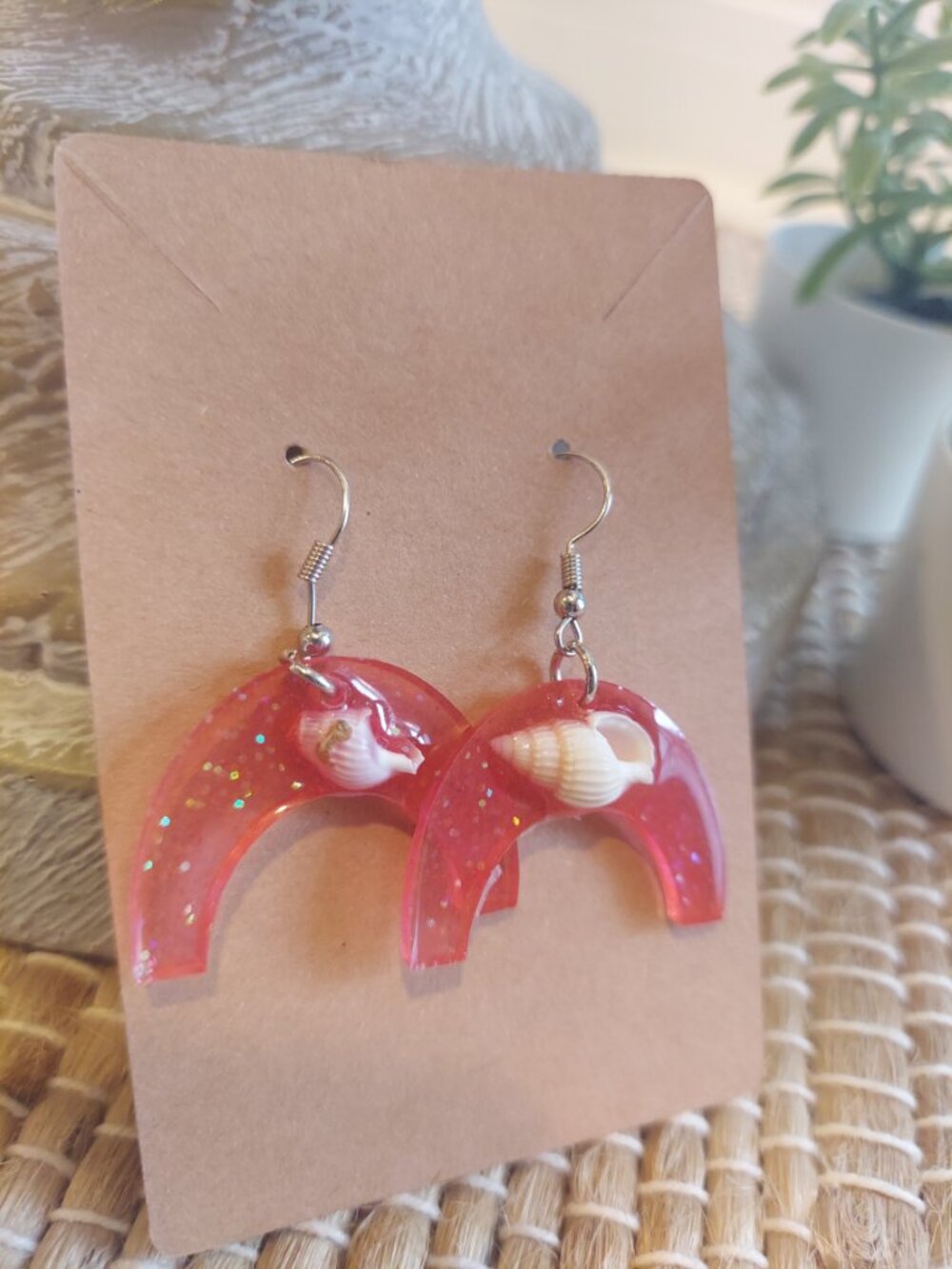 Handmade Crescent Moon Shell Earrings | Pink Sparkle Resin | Coastal Beach Jewel - Picture 6 of 8